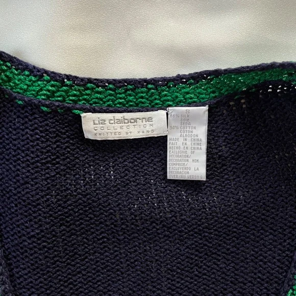 LIZ CLAIBORNE Vintage Women's Knit Cardigan Sweater Small Blue Floral Silk 80s - Picture 4 of 6